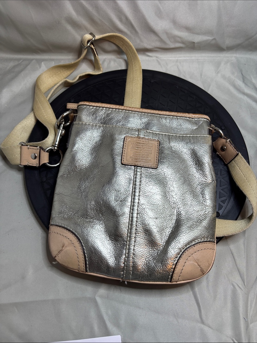 Coach Metallic Silver Crossbody with Beige Trim